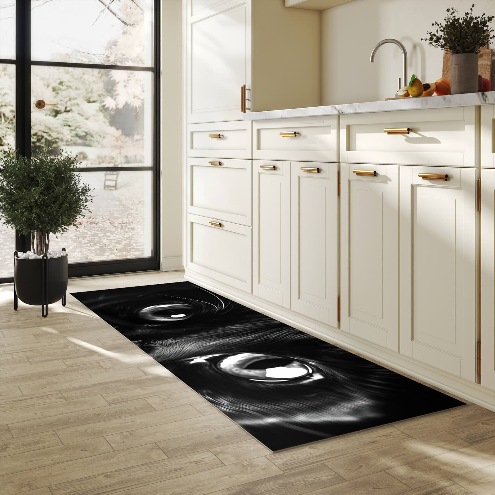 Bodenschonender Küchenteppich mit Motiv Katzengesicht in heller Küche