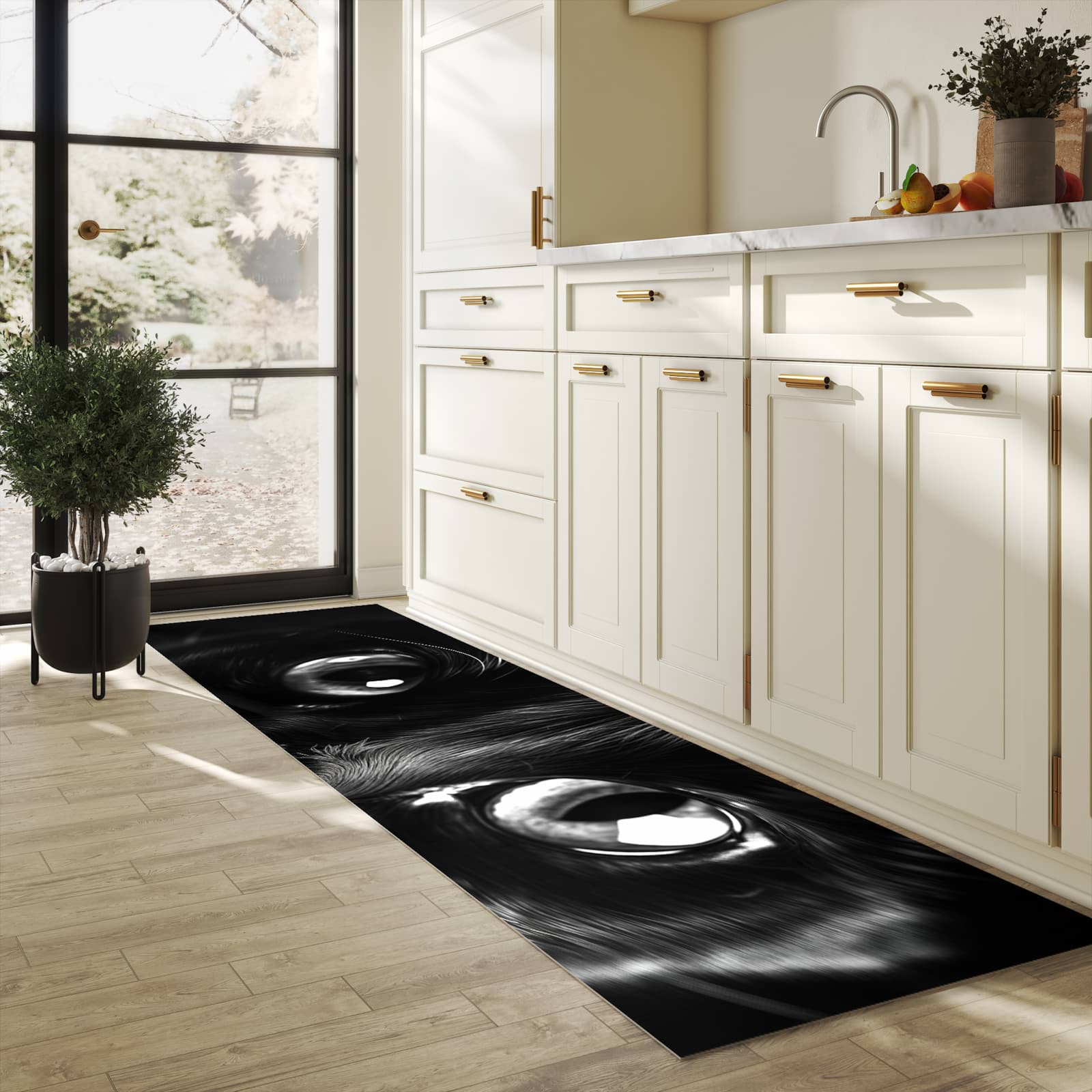 Bodenschonender Küchenteppich mit Motiv Katzengesicht in heller Küche