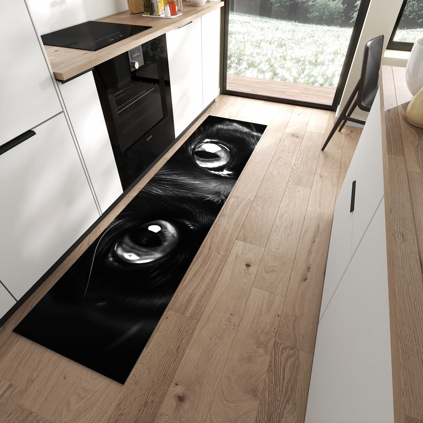 Langlebiger Küchenläufer mit Motiv Katzengesicht in moderner Küche