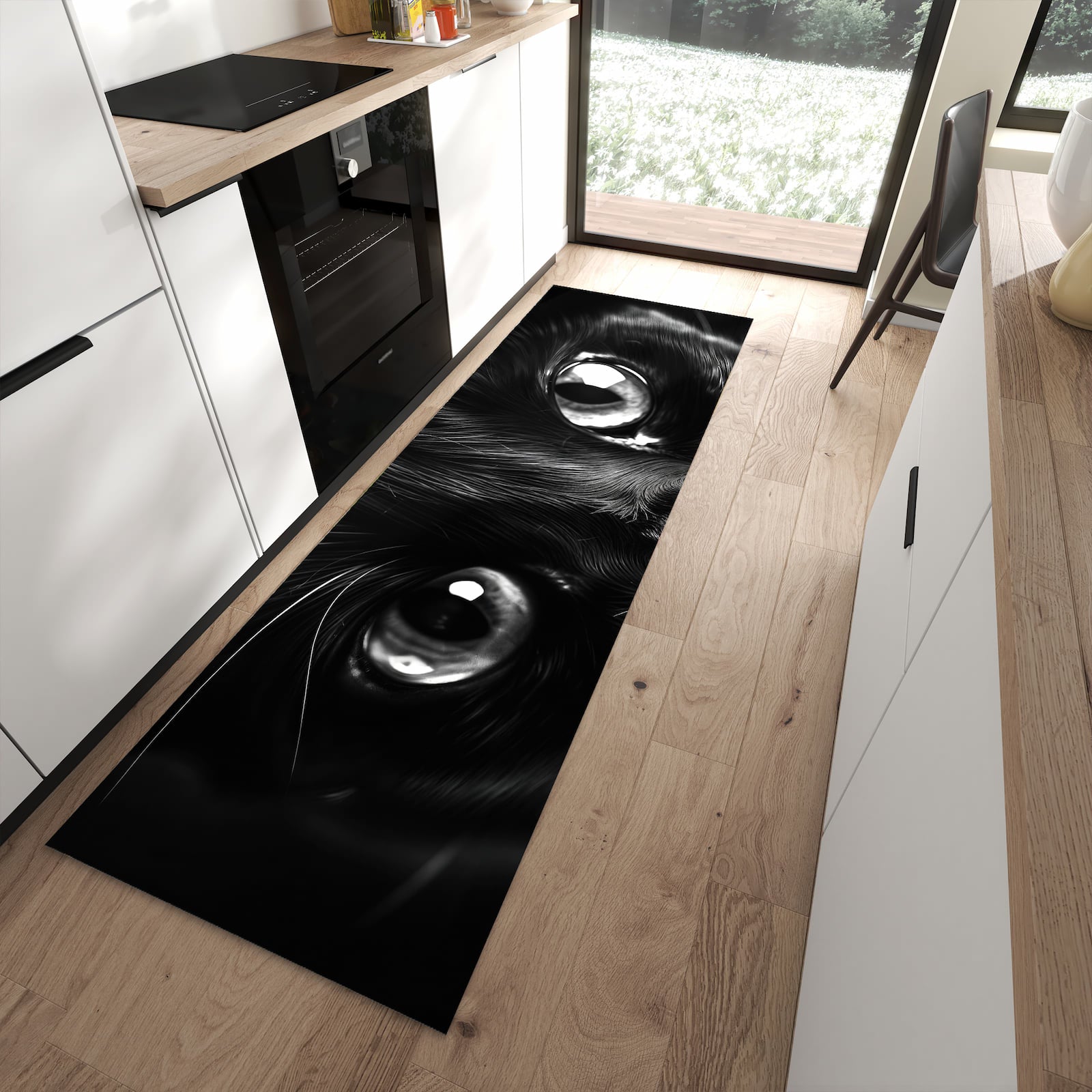 Bodenschonender Küchenläufer mit Motiv Katzengesicht in moderner Küche