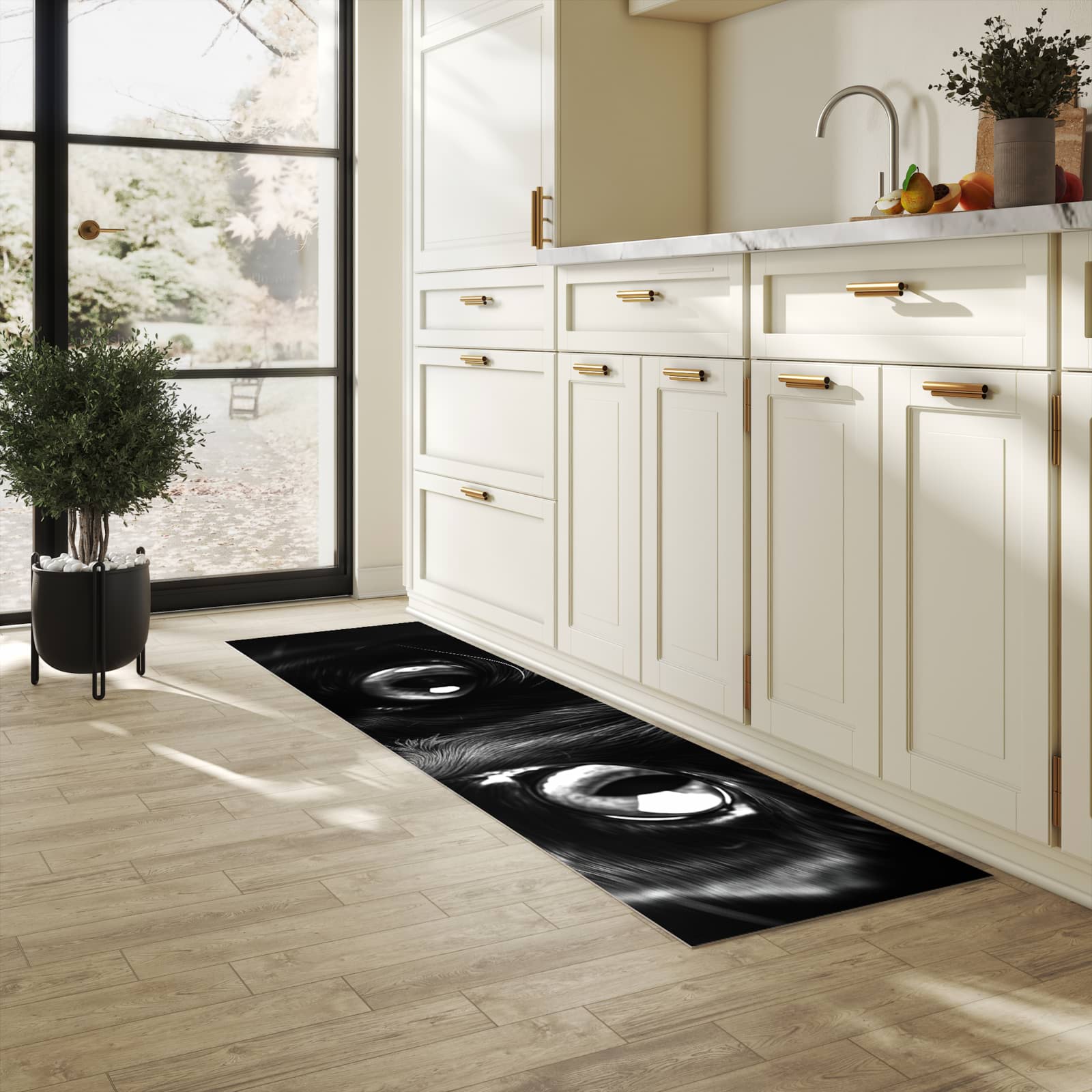 Strapazierfähiger Küchenteppich mit Motiv Katzengesicht in heller Küche