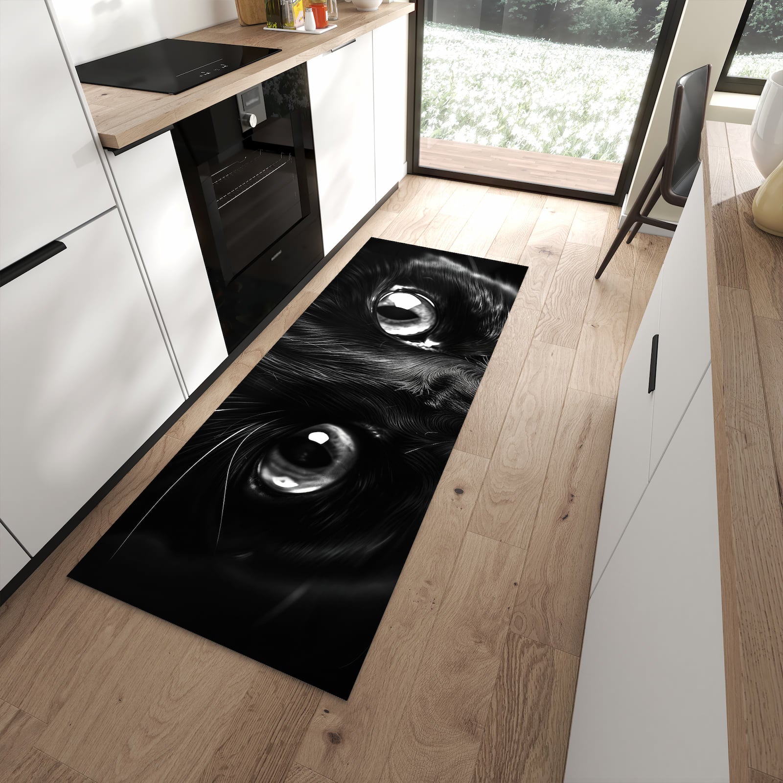 Ordnungsschaffender Küchenläufer mit Motiv Katzengesicht in moderner Küche