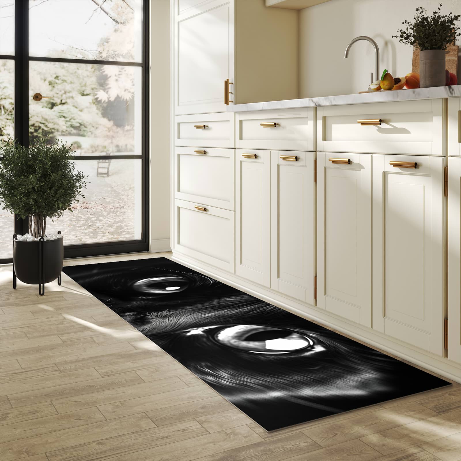 Küchenteppich mit Motiv Katzengesicht für Ordnung & Übersicht in heller Küche