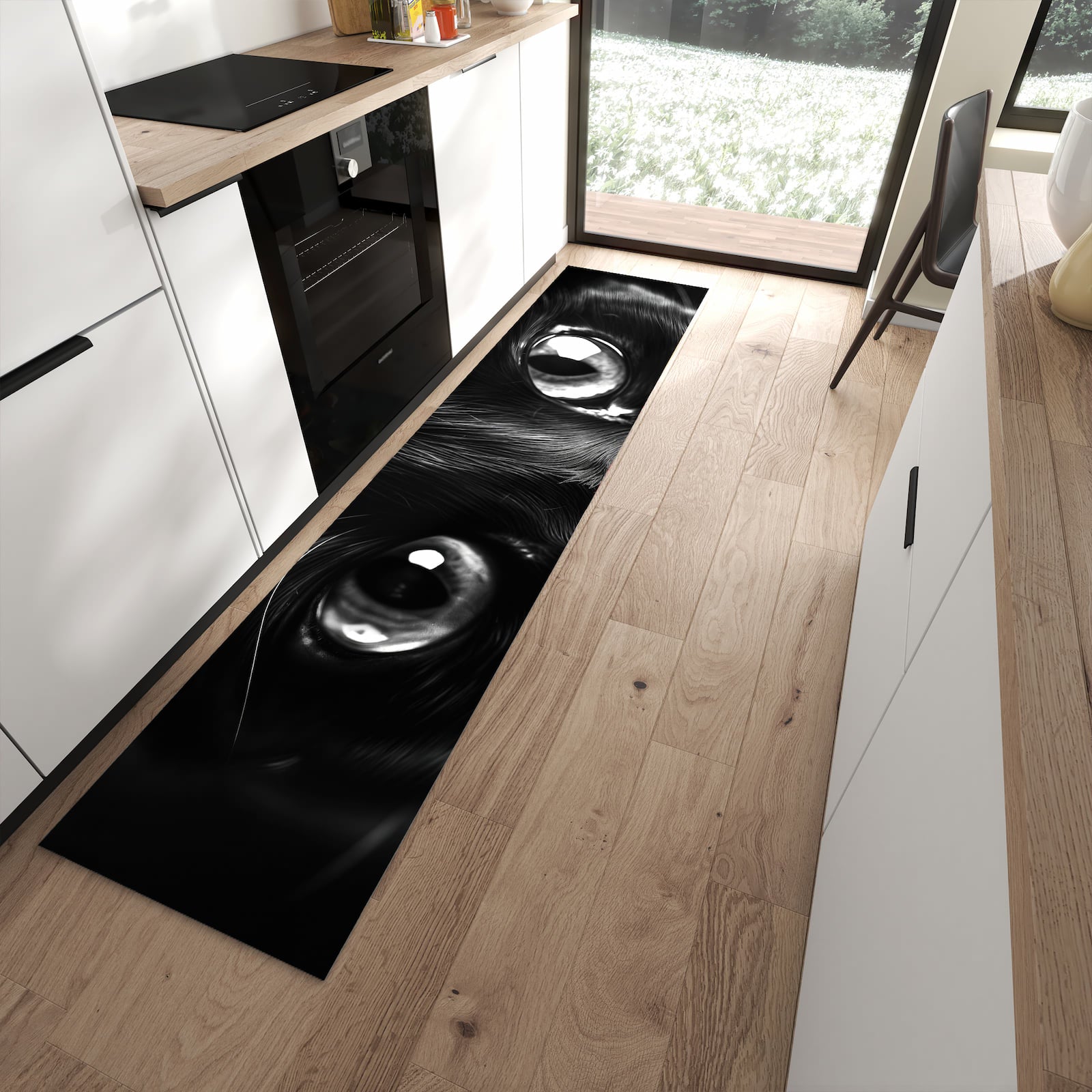 Rutschfester Küchenläufer mit Motiv Katzengesicht in moderner Küche