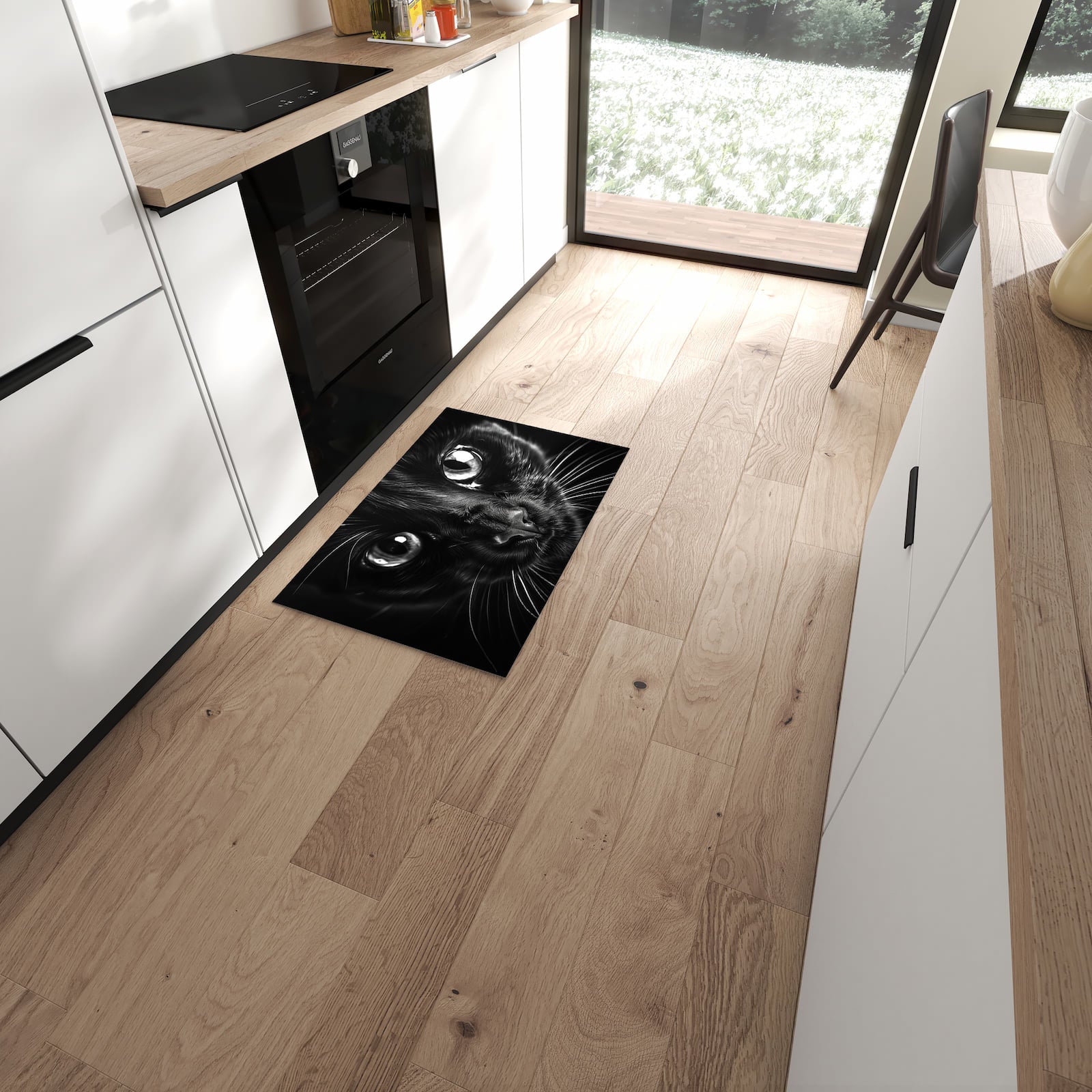 Bodenschonender Küchenteppich mit Motiv Katzengesicht in moderner Küche