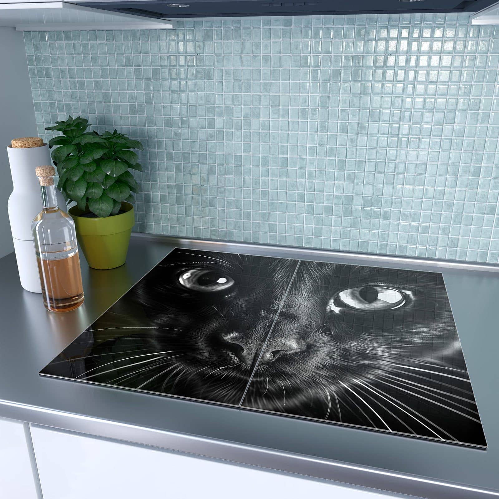 2-teilige Herdabdeckplatte mit Katzengesicht-Motiv auf dem Ceranfeld