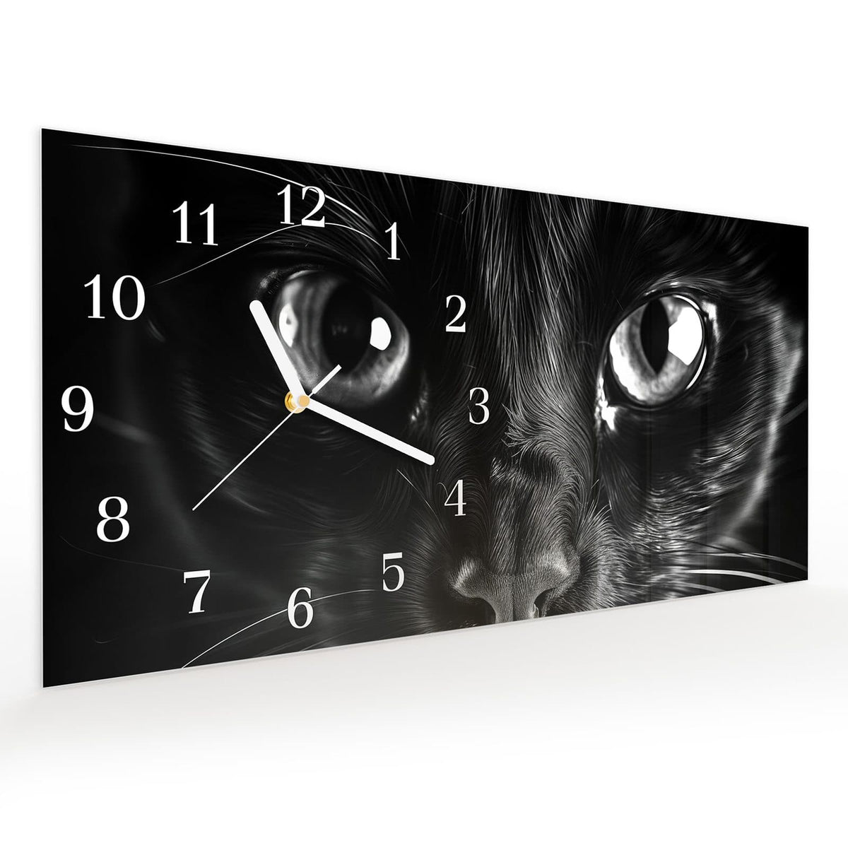 Vormontiert – mit Schwebeeffekt – Wanduhr Katzengesicht aus Glas – Querformat 60 × 30 cm