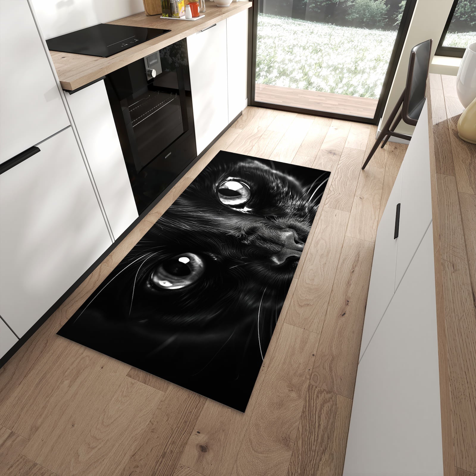 Waschbarer Küchenläufer mit Motiv Katzengesicht in moderner Küche für sichere Aufbewahrung