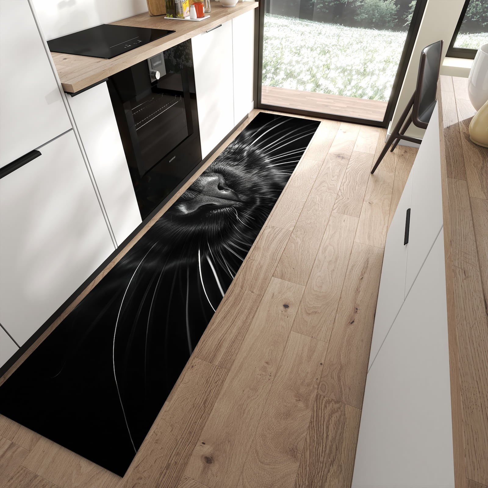 Feuchtigkeitsresistenter Küchenvorleger mit Motiv Katzengesicht in moderner Küche