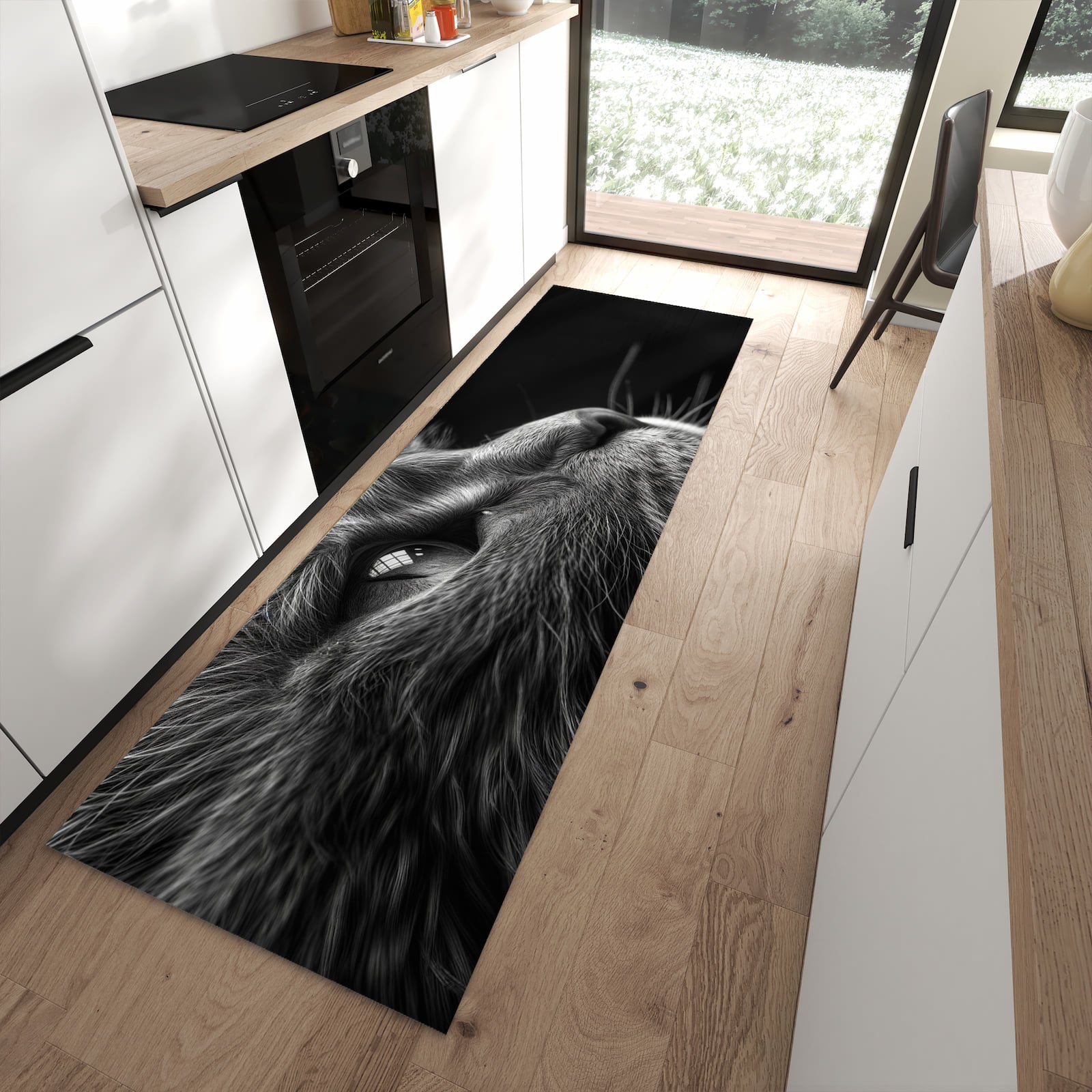 Pflegeleichter Teppich für Küche mit Motiv Nahaufnahme Katze in moderner Küche