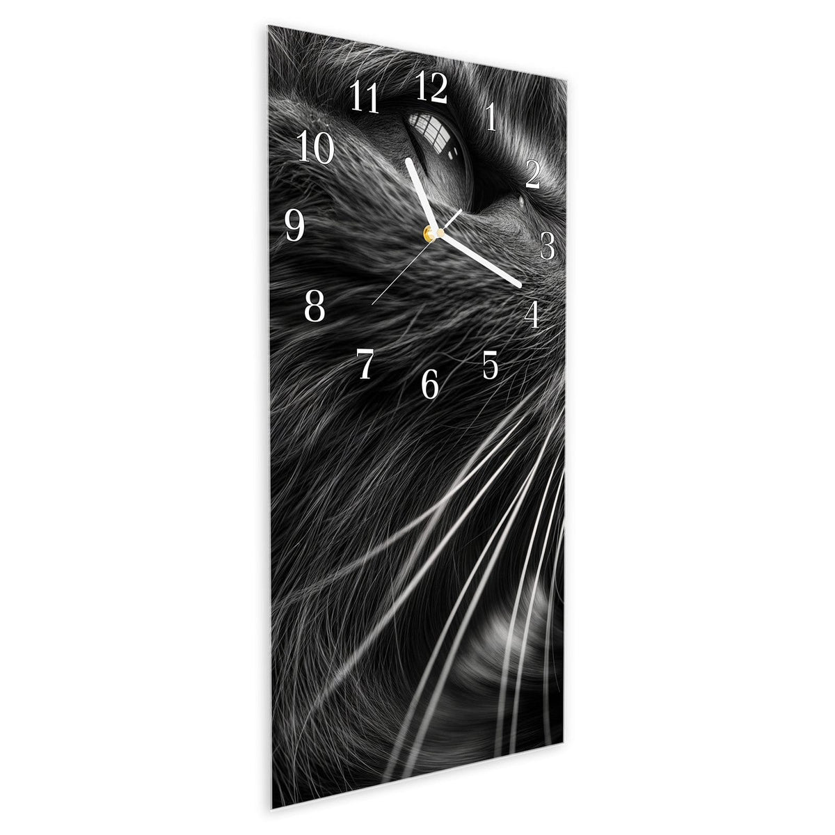 Vormontiert – mit Schwebeeffekt – Wanduhr Katzen Nahaufnahme aus Glas – Hochformat 30 × 60 cm