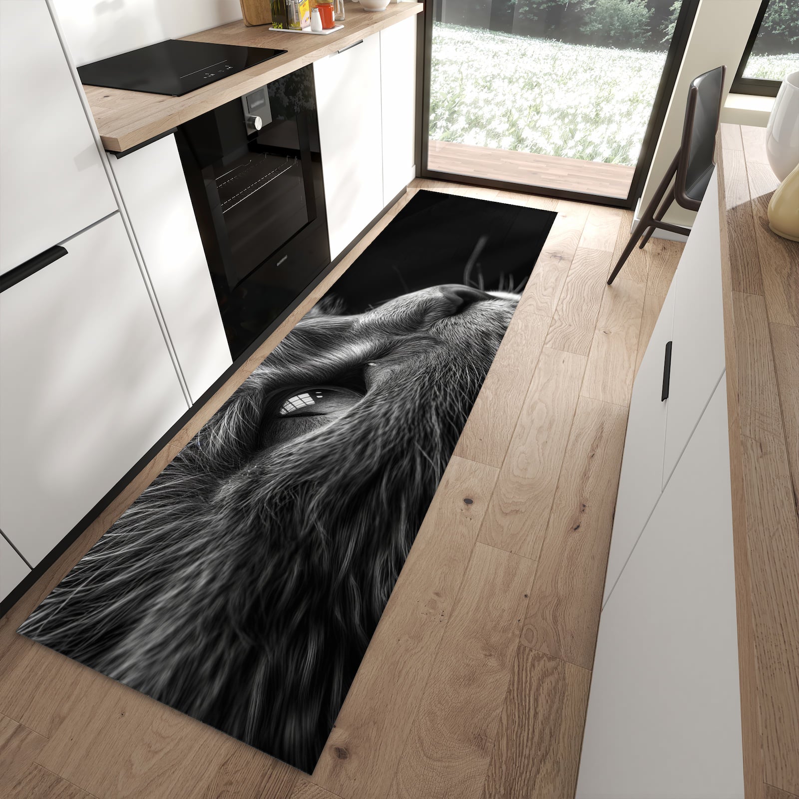 Komfortabler Küchenteppich mit Motiv Nahaufnahme Katze in moderner Küche