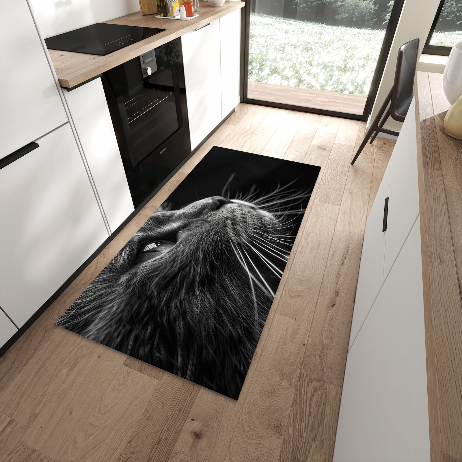 Pflegeleichter Küchenteppich mit Motiv Nahaufnahme Katze in moderner Küche