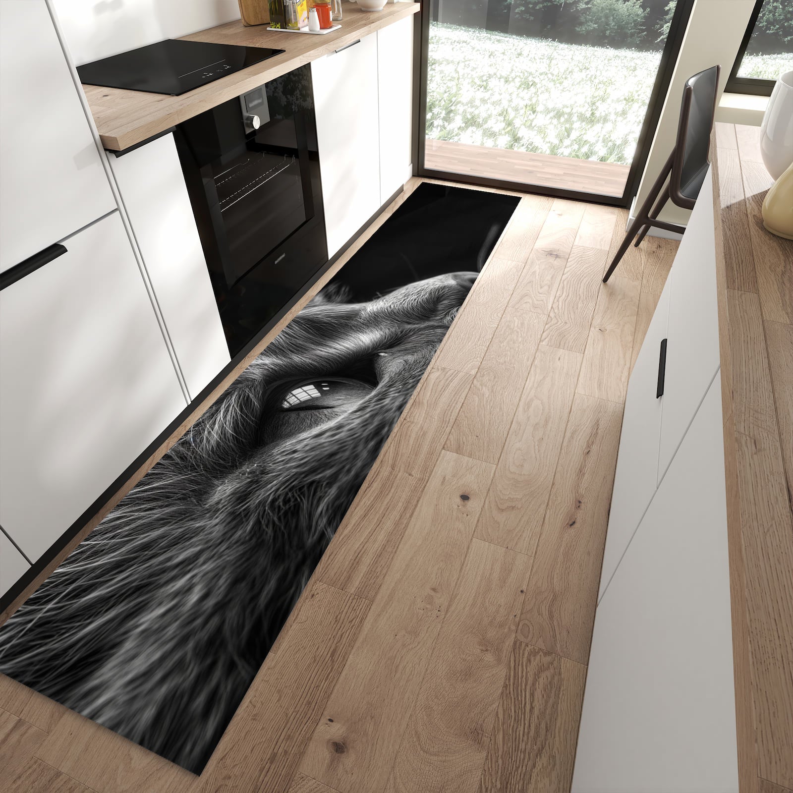 Geruchsneutraler abwaschbarer Küchenteppich mit Motiv Nahaufnahme Katze in moderner Küche