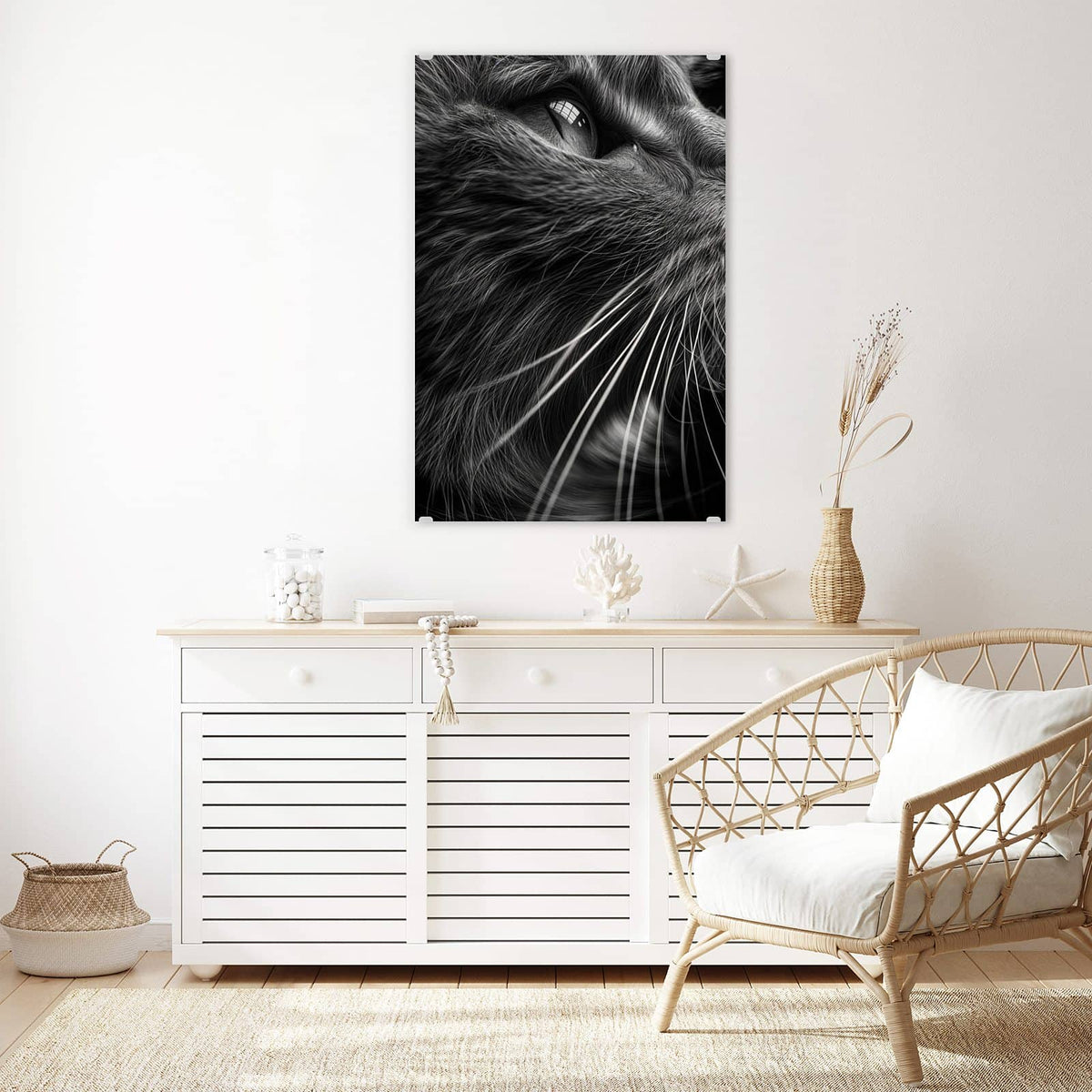 Glasbild Katze in Schwarzweiß an der Wand – Schwarzweiß-Nahaufnahme einer Katze, die nach oben blickt, lange helle Schnurrhaare