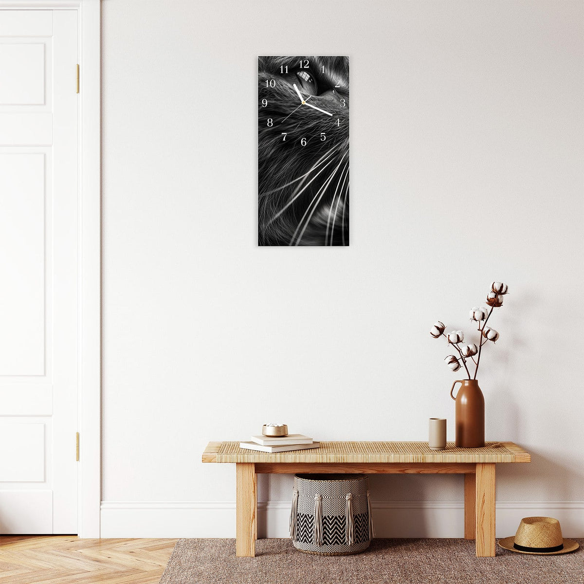 Moderne Wanduhr aus Glas mit Farbtiefe – Wanduhr Katzen Nahaufnahme aus Glas – Hochformat 30 × 60 cm