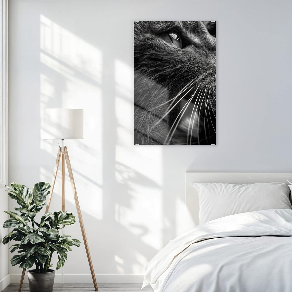 Glasbild Katze in Schwarzweiß an der Wand – Schwarzweiß-Nahaufnahme einer Katze, die nach oben blickt, lange helle Schnurrhaare