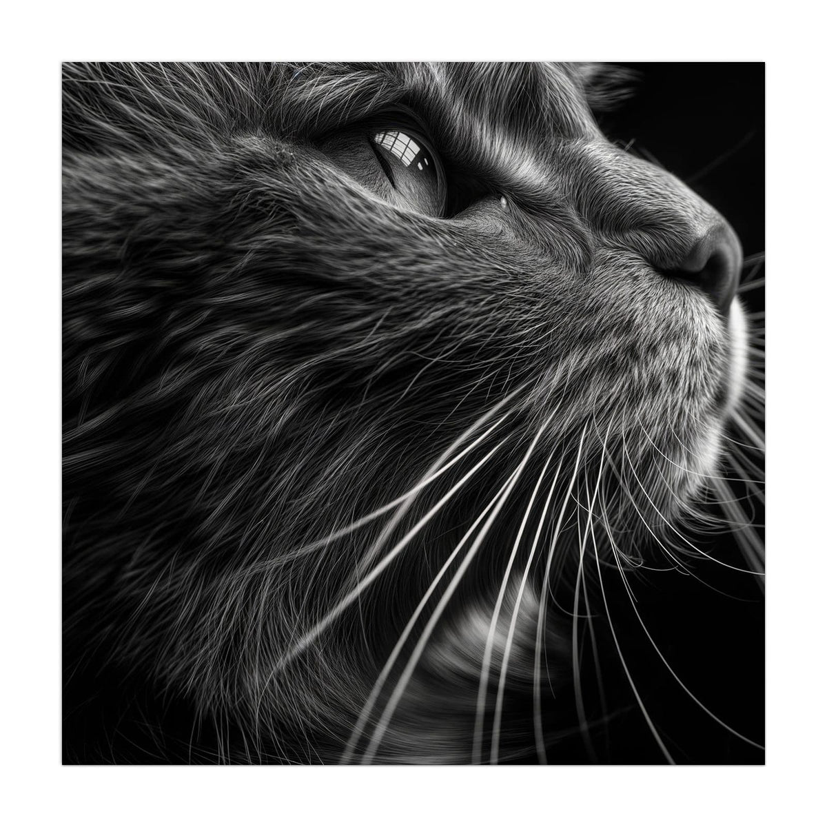 Schwarzweiß-Nahaufnahme einer Katze, die nach oben blickt, lange helle Schnurrhaare