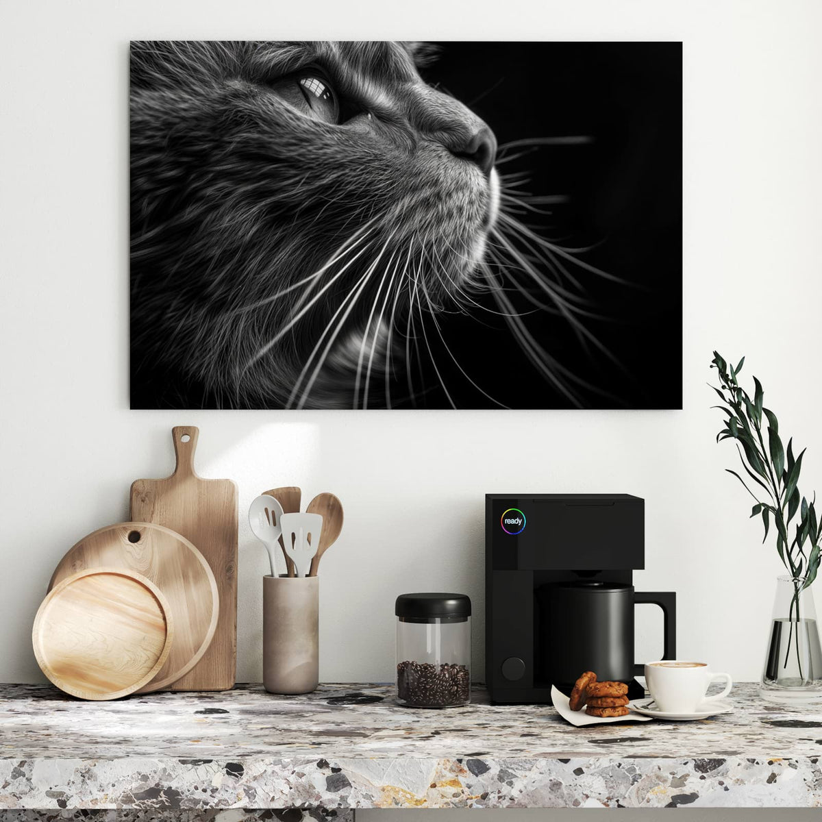 Metall Magnettafel - Katze in Schwarzweiß – Katzenkopf mit hellen Schnurrhaaren