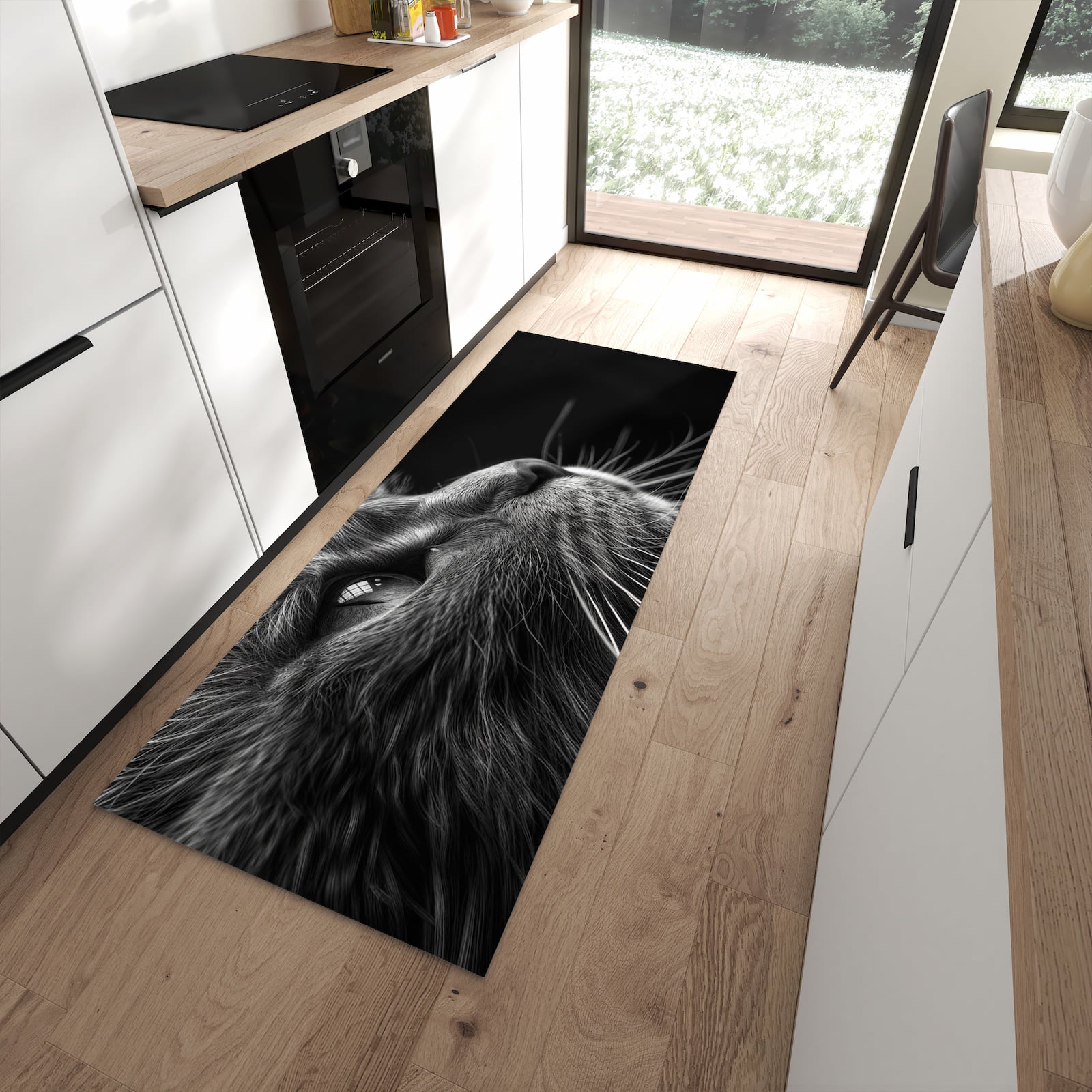 Flacher Küchenteppich mit Motiv Nahaufnahme Katze in moderner Küche