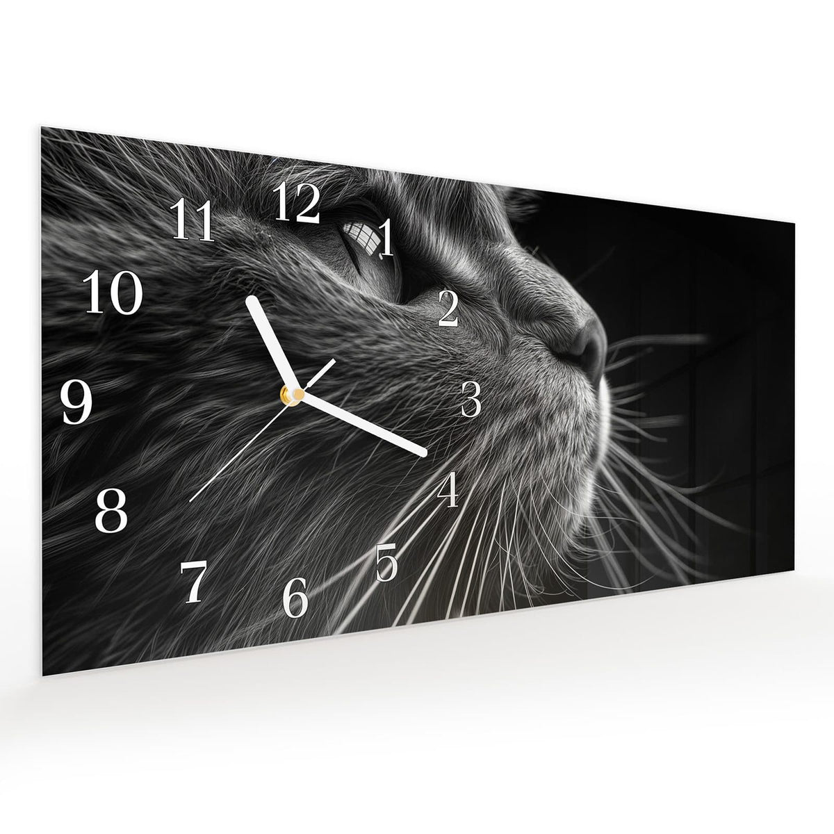 Vormontiert – mit Schwebeeffekt – Wanduhr Katzen Nahaufnahme aus Glas – Querformat 60 × 30 cm