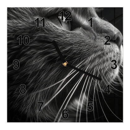Wanduhr Quadratisch mit dem Motiv Katze in Schwarzweiß