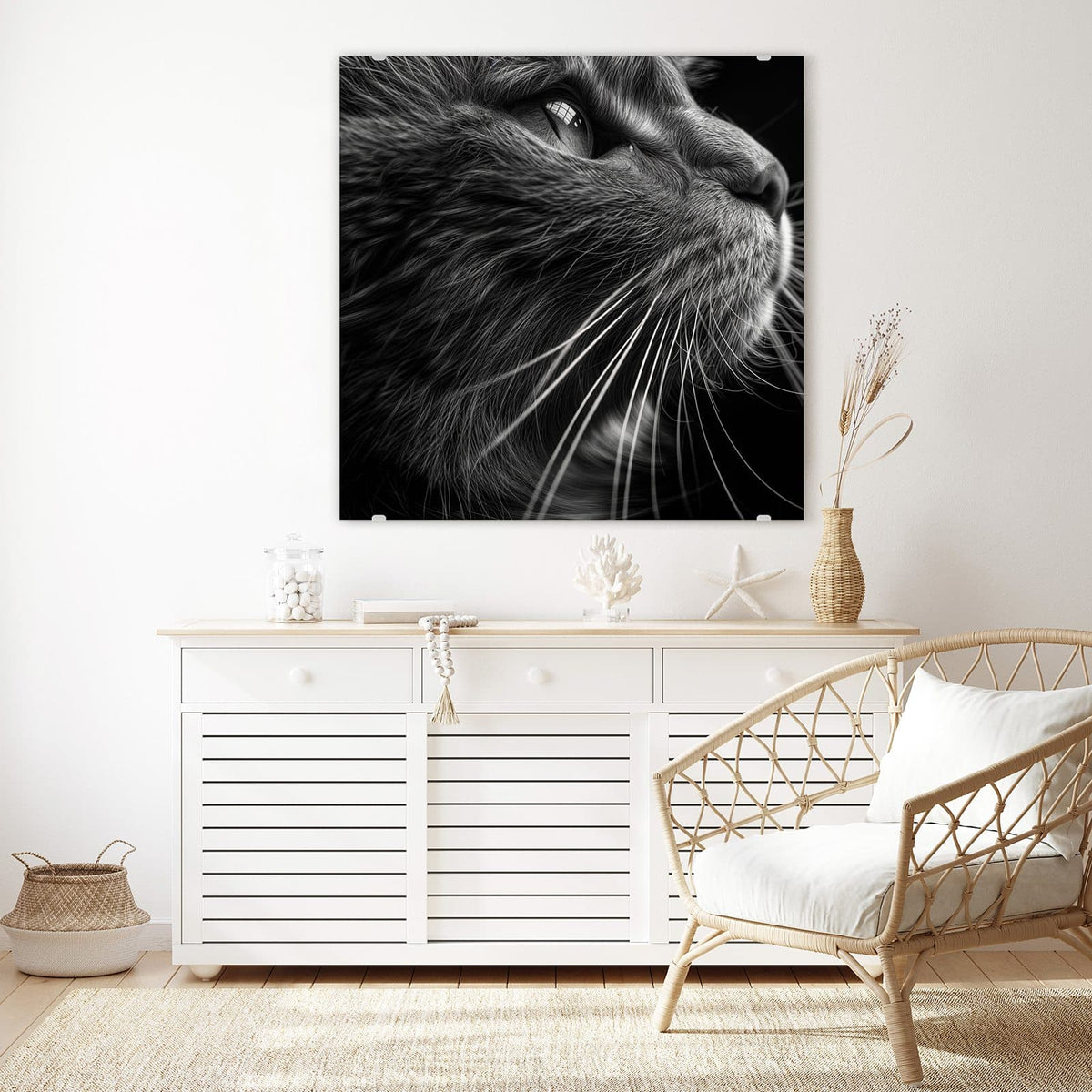Echtglas, 4 mm – kein Acryl, keine Folie – Wandbild - Katze in Schwarzweiß - Quadratisch