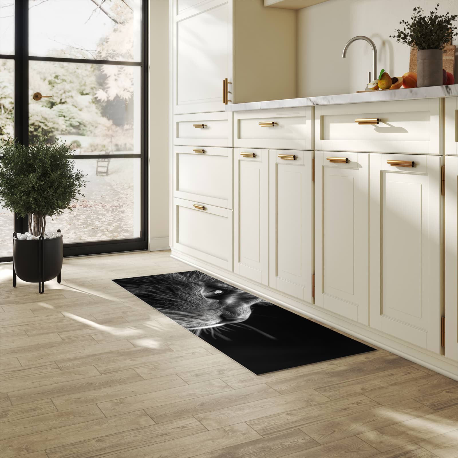 Waschbarer Küchenläufer mit Motiv Nahaufnahme Katze in der Grösse 90x240 cm für Trittkomfort