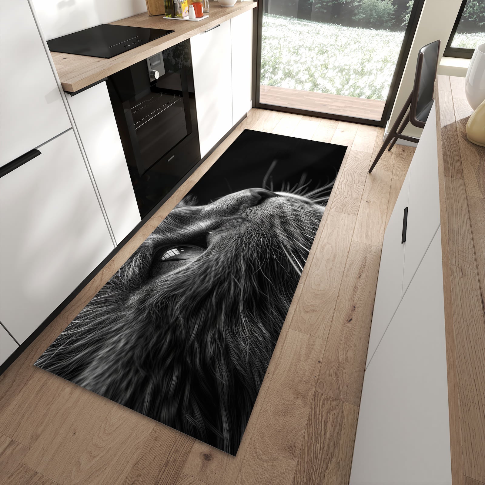 Küchenteppich mit Motiv Nahaufnahme Katze für angenehme Haptik in moderner Küche