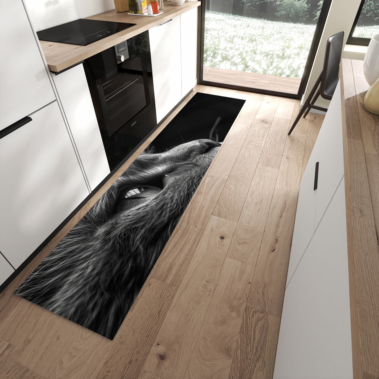 Schmutzabweisender Küchenläufer mit Motiv Nahaufnahme Katze in moderner Küche