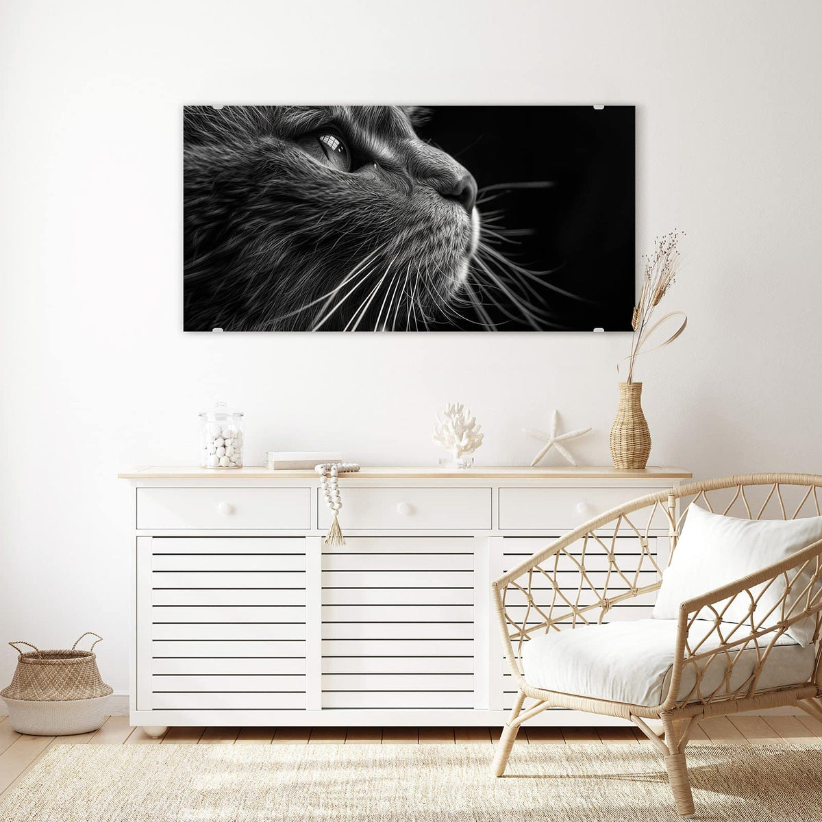 Echtglas, 4 mm – kein Acryl, keine Folie – Wandbild - Katze in Schwarzweiß - Querformat