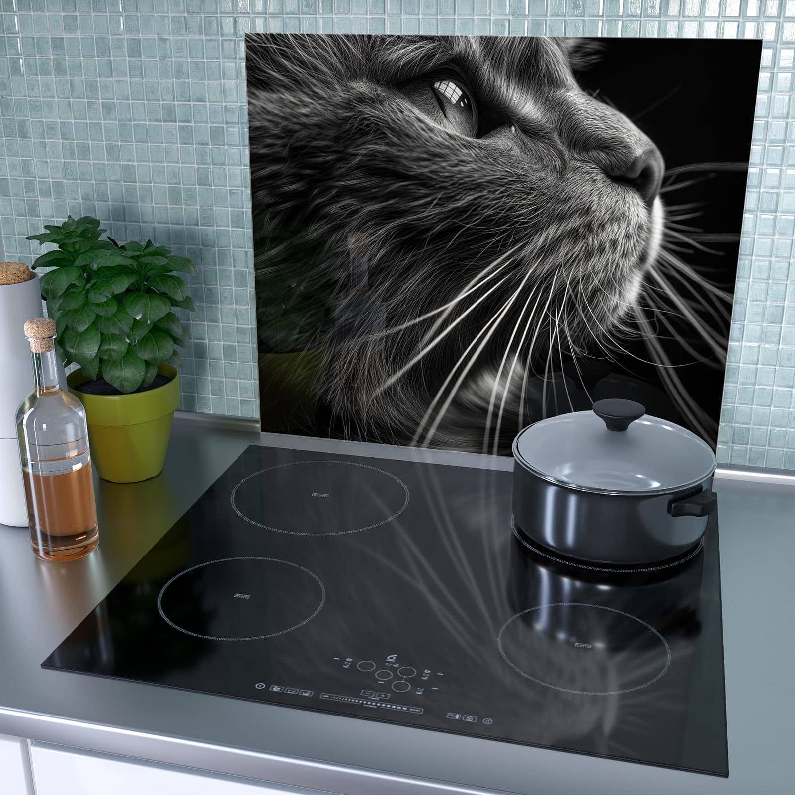 1-teilige Glasabdeckplatte für Ceranfeld mit Nahaufnahme Katze-Motiv als Spritzschutz hinter dem Kochfeld