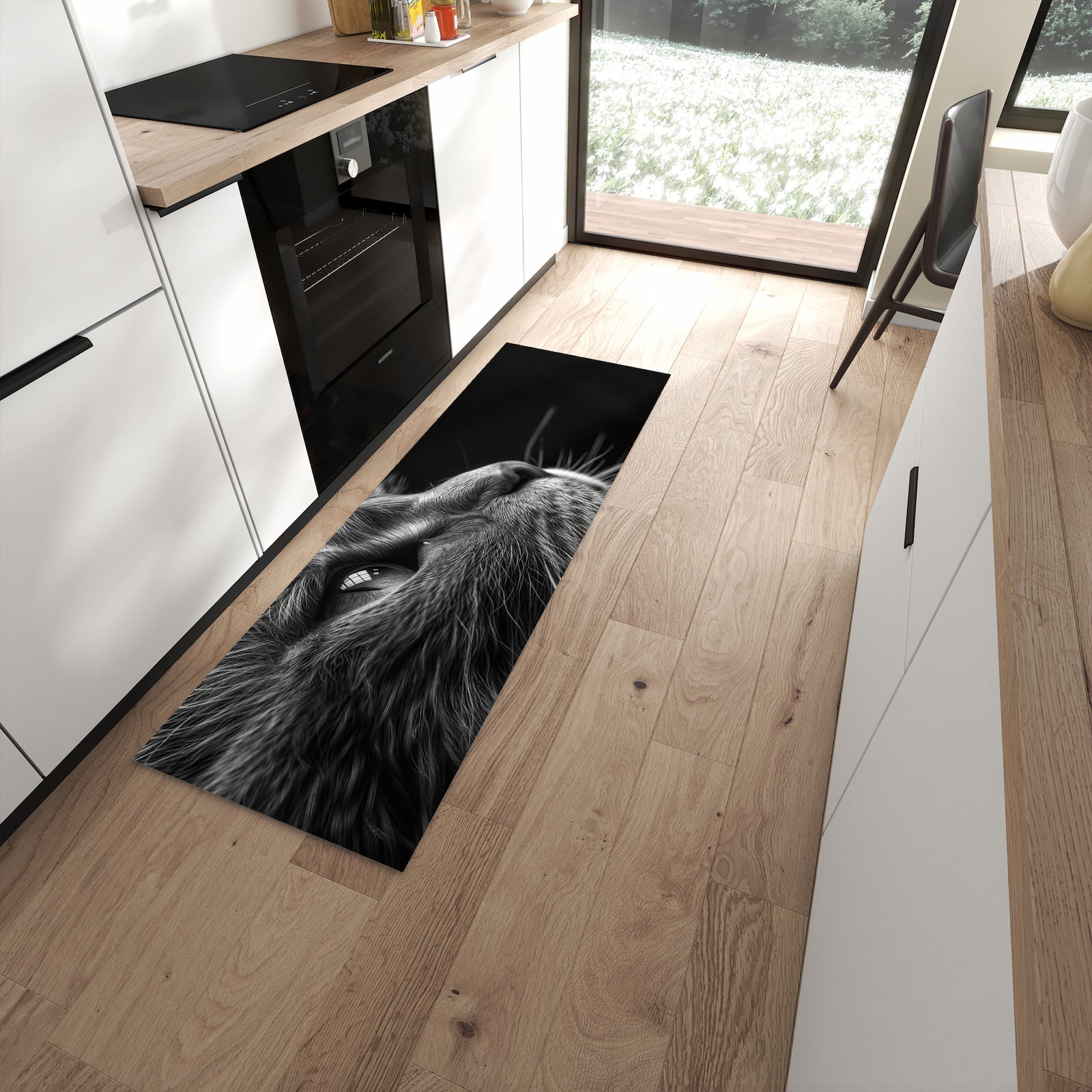 Wasserabweisender Küchenläufer mit Motiv Nahaufnahme Katze in moderner Küche