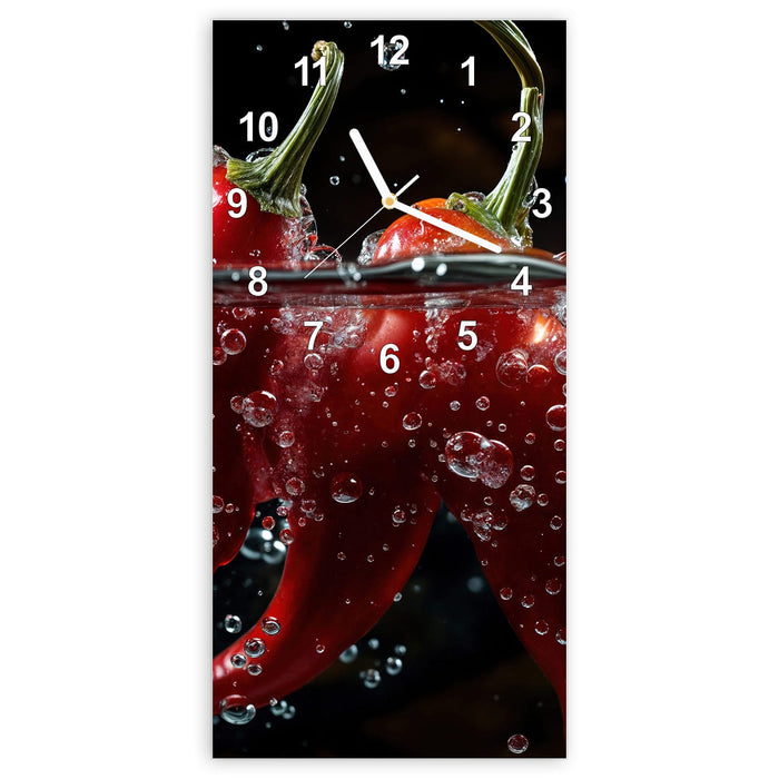 Wanduhr Paprika im Wasser aus Glas – Hochformat 30 × 60 cm mit Ziffernblatt Modern