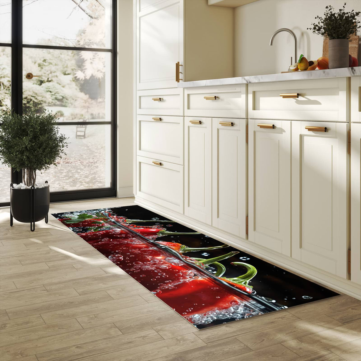 Bodenschonender rutschfester Küchenteppich mit Motiv Paprika im Wasser in heller Küche