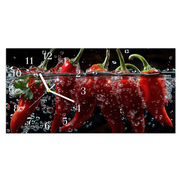 Wanduhr Paprika im Wasser aus Glas – Querformat 60 × 30 cm mit Ziffernblatt Klassisch