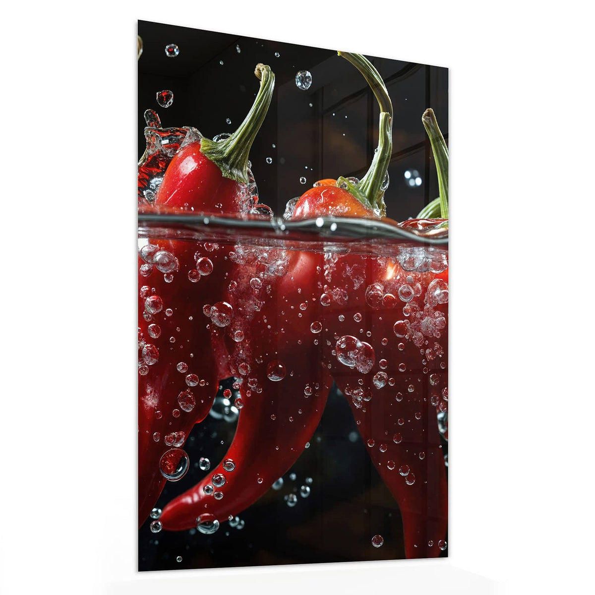 Glasbild Chilis mit Luftblasen von der Seite, 4 mm Echtglas