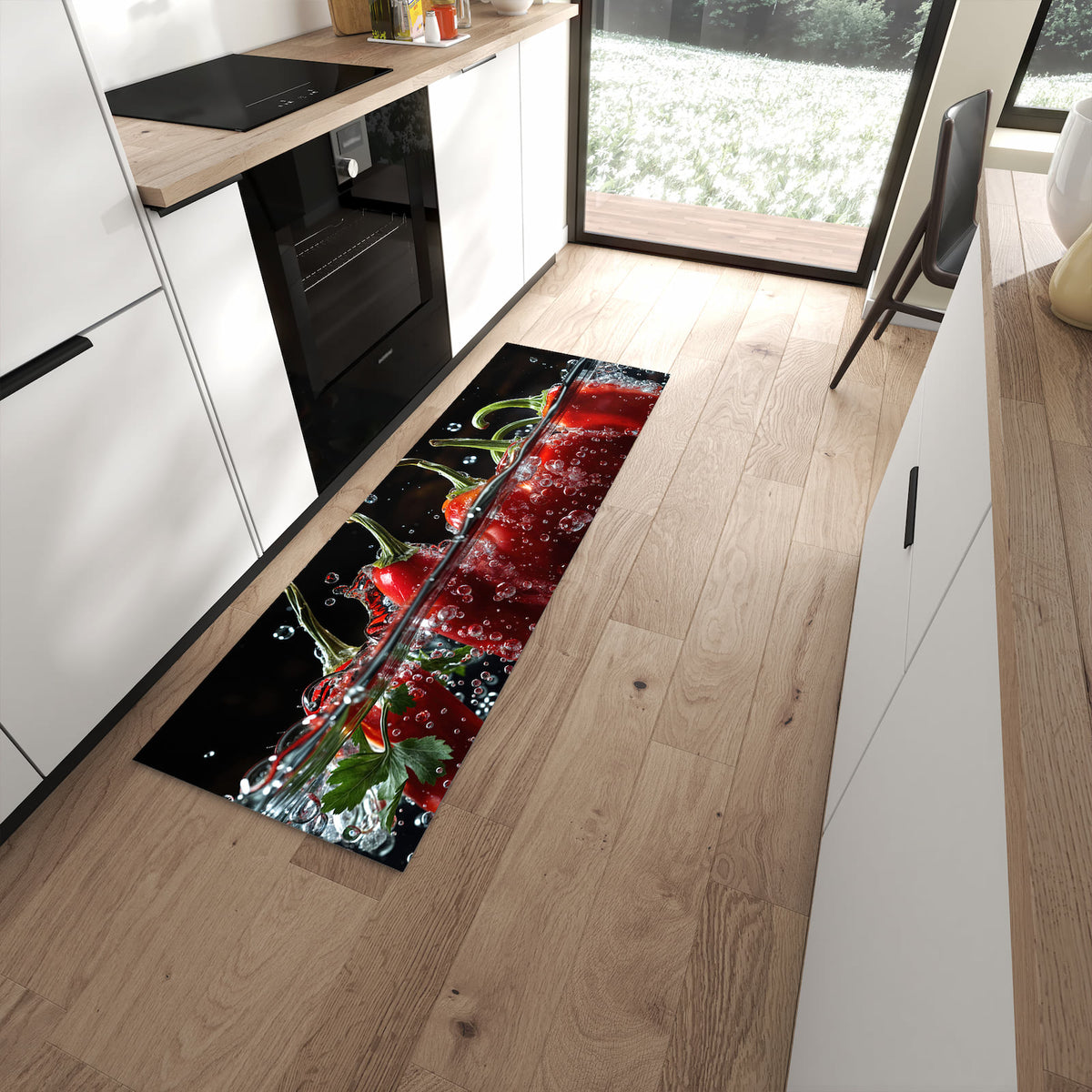 Rutschfester großer Küchenteppich mit Motiv Paprika im Wasser in moderner Küche