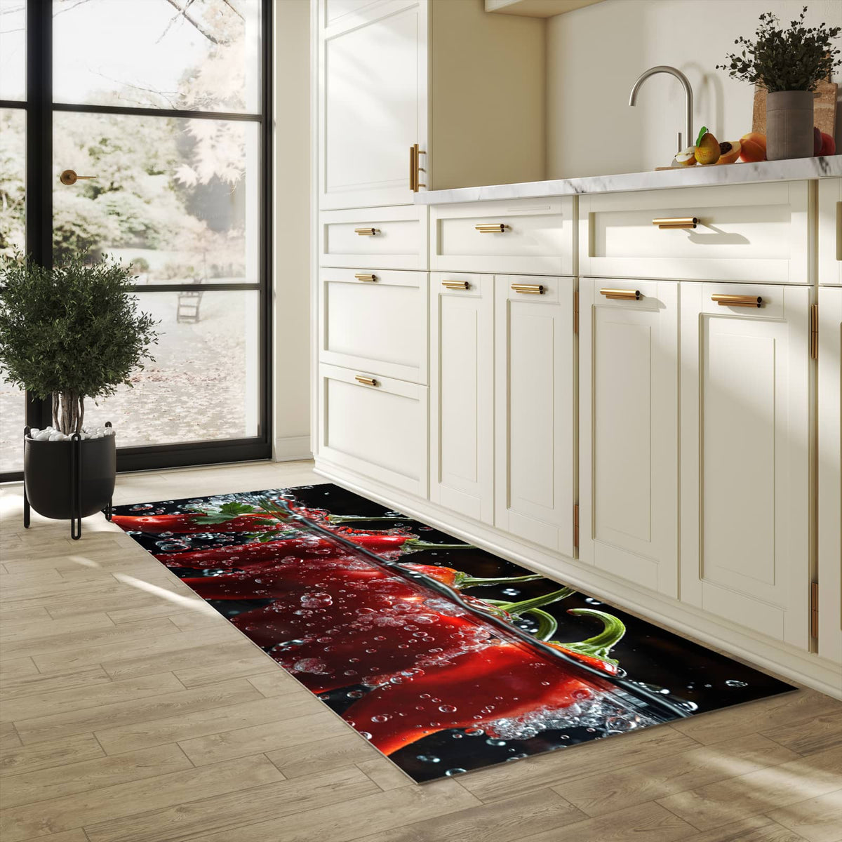 Zeitsparender großer Küchenteppich mit Motiv Paprika im Wasser in heller Küche