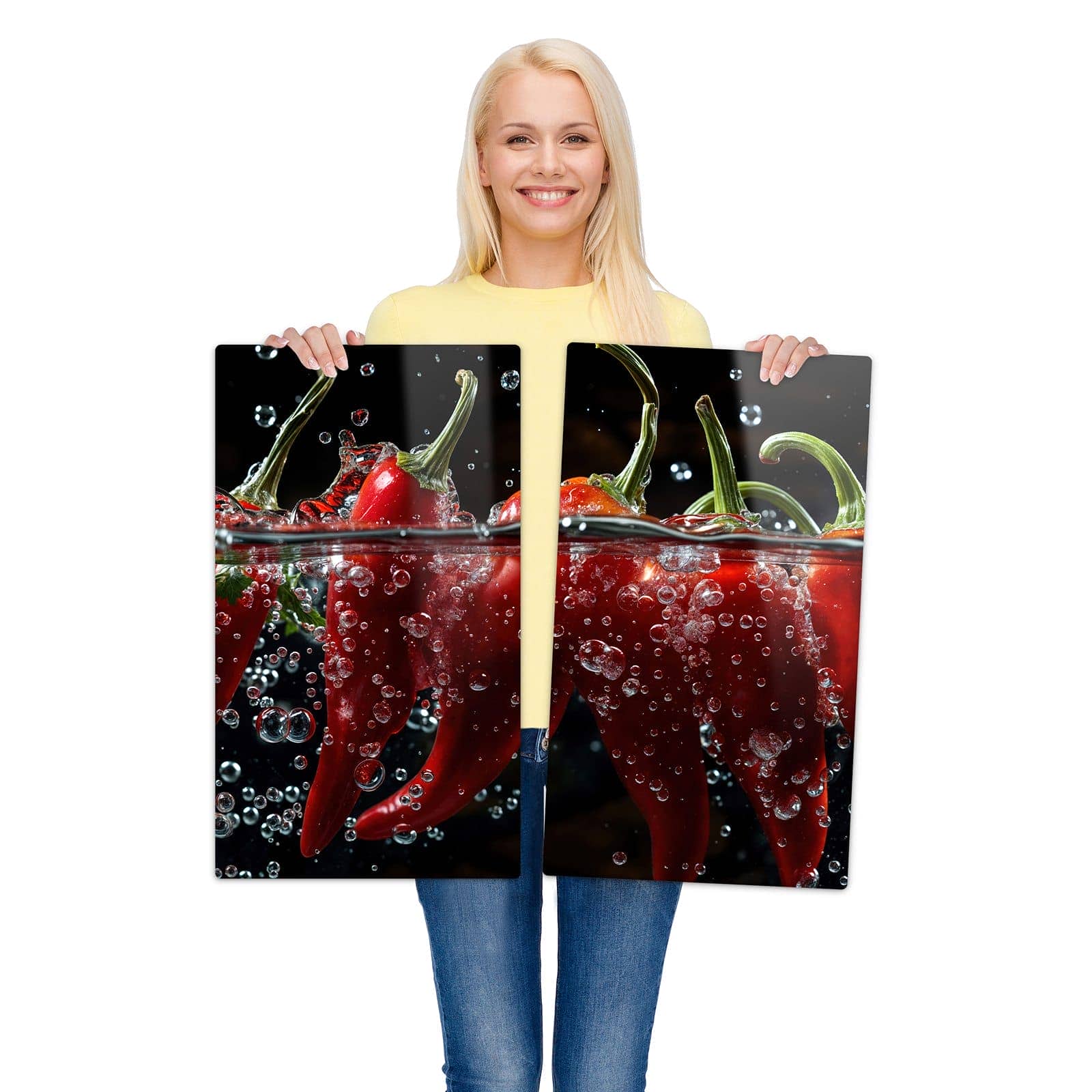 2-teilige Herdabdeckplatten für Ceranfeld mit Paprika im Wasser-Motiv wird zur Größendarstellung gehalten