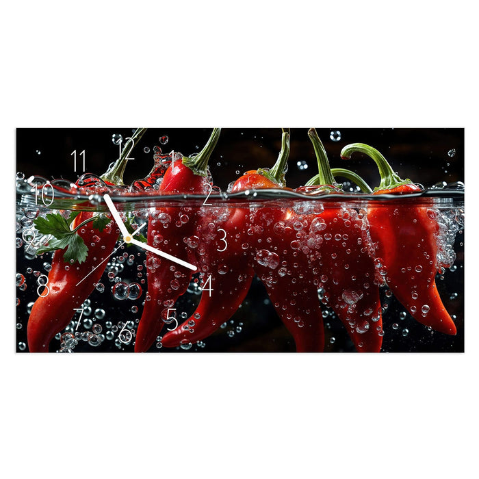 Wanduhr Paprika im Wasser aus Glas – Querformat 60 × 30 cm mit Ziffernblatt Elegant