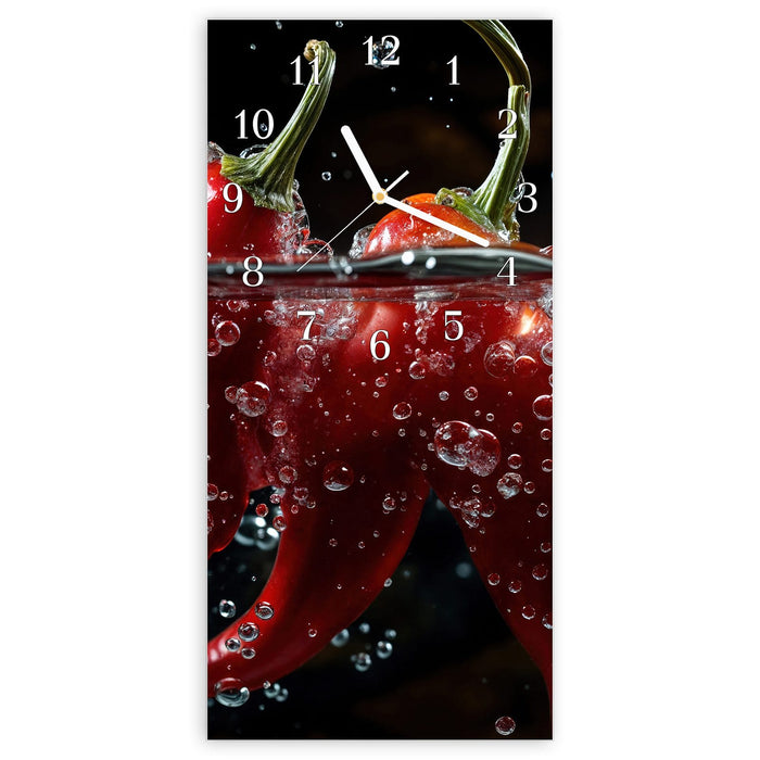 Wanduhr Paprika im Wasser aus Glas – Hochformat 30 × 60 cm mit Ziffernblatt Klassisch