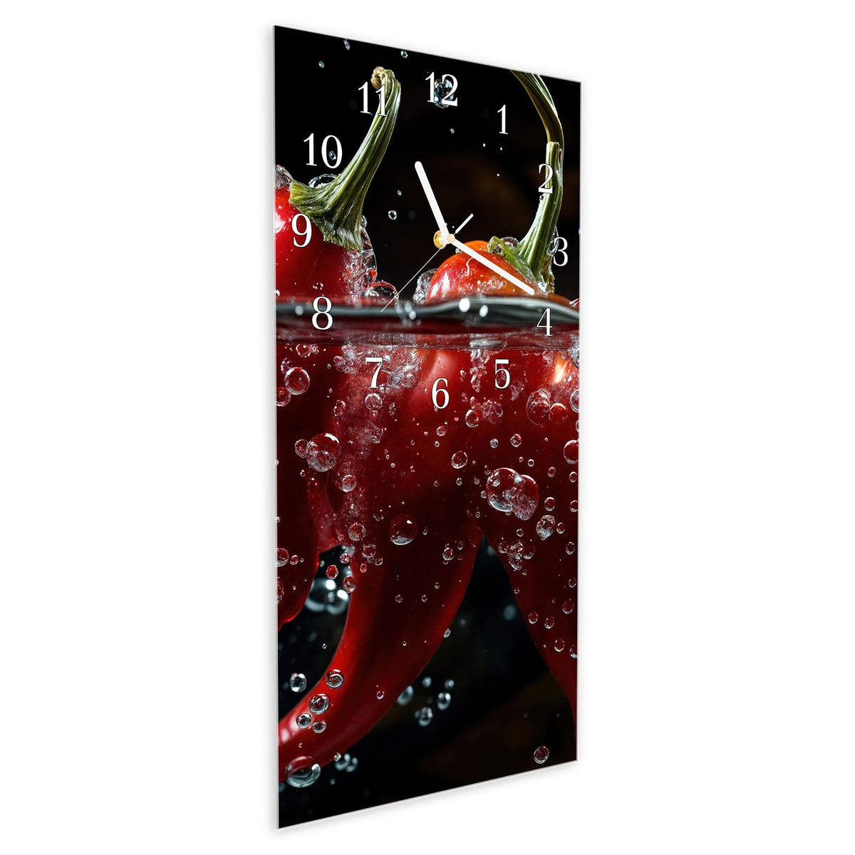 Vormontiert – mit Schwebeeffekt – Wanduhr Paprika im Wasser aus Glas – Hochformat 30 × 60 cm