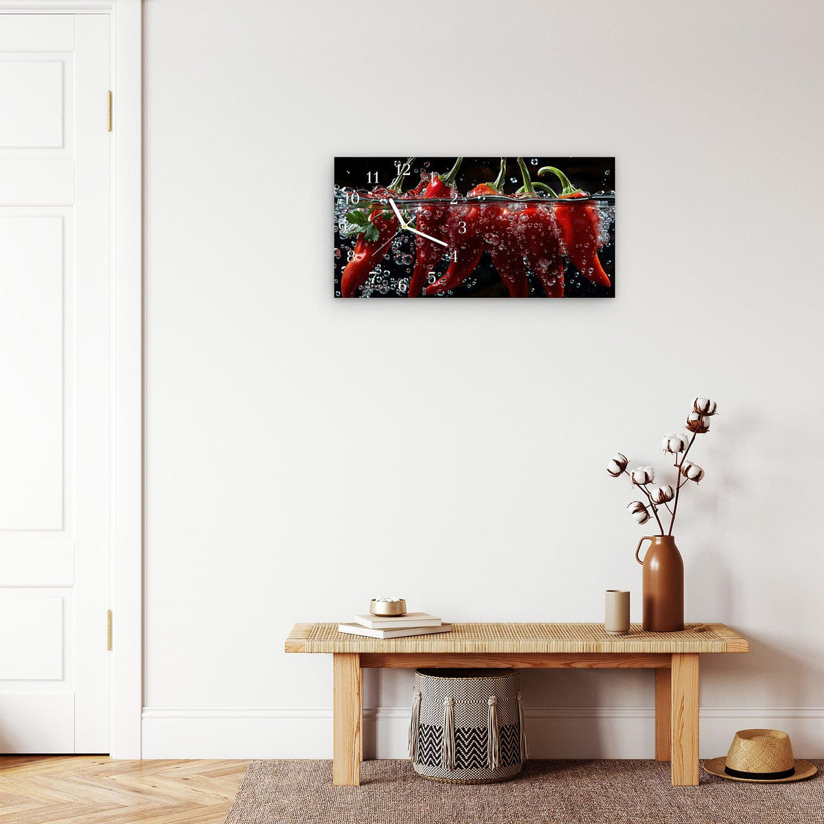 Moderne Wanduhr aus Glas mit Farbtiefe – Wanduhr Paprika im Wasser aus Glas – Querformat 60 × 30 cm