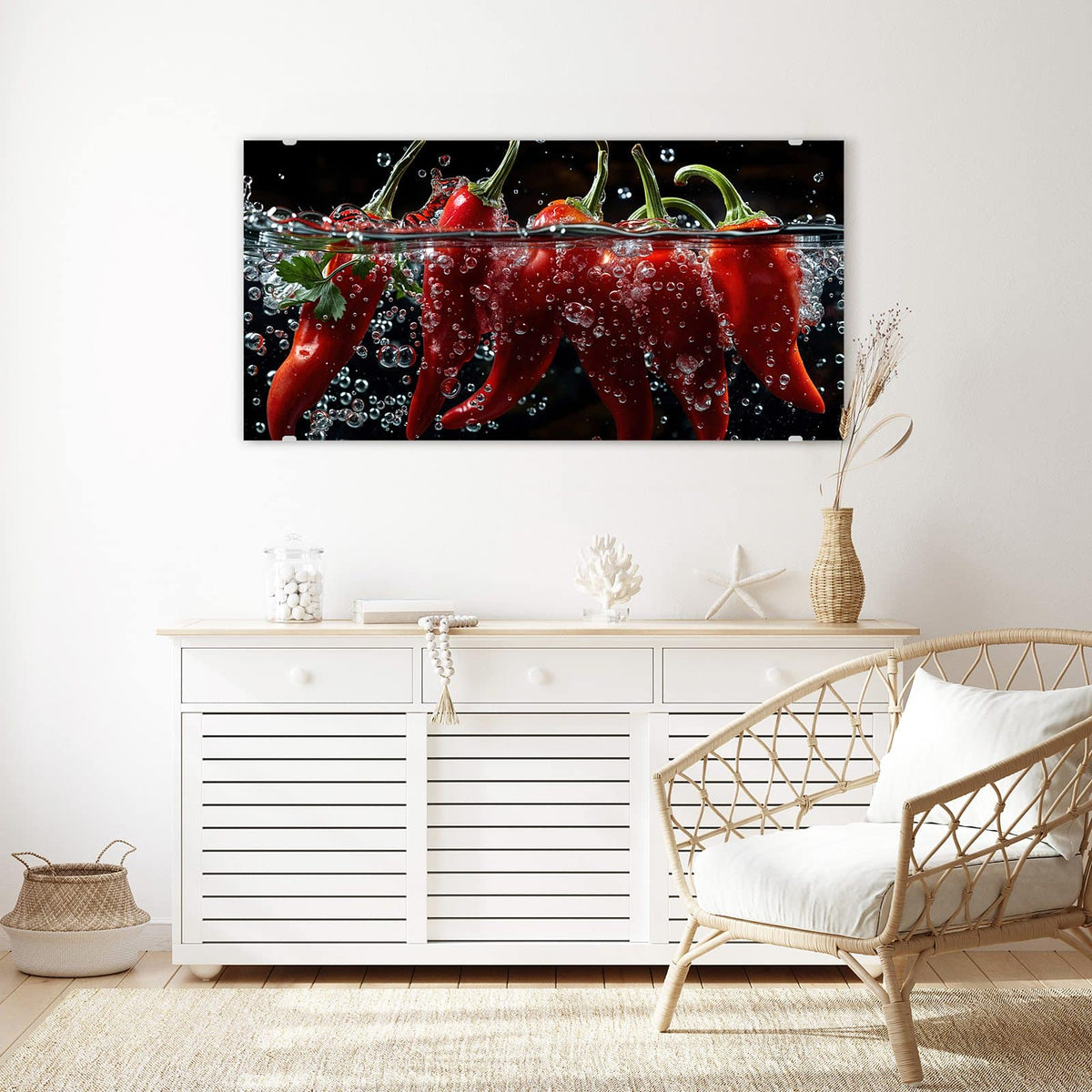 Echtglas, 4 mm – kein Acryl, keine Folie – Wandbild - Chilis mit Luftblasen - Querformat