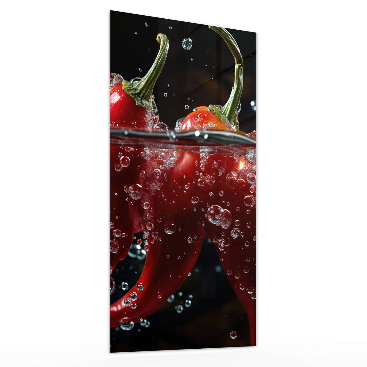 Glasbild Chilis mit Luftblasen von der Seite, 4 mm Echtglas