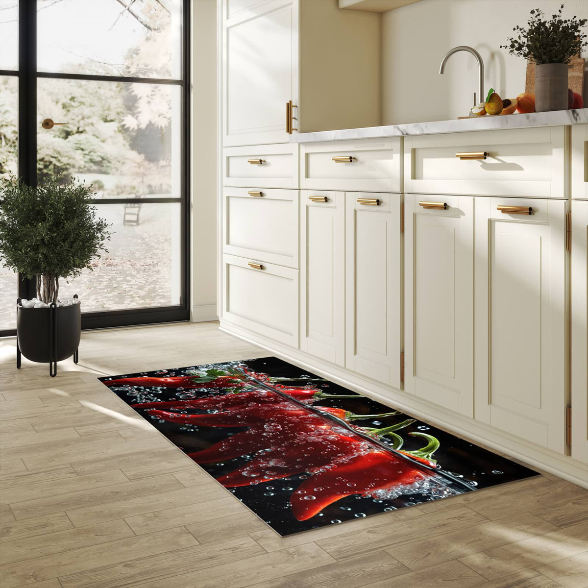 Waschbarer Küchenteppich mit Motiv Paprika im Wasser in heller Küche für sichere Aufbewahrung