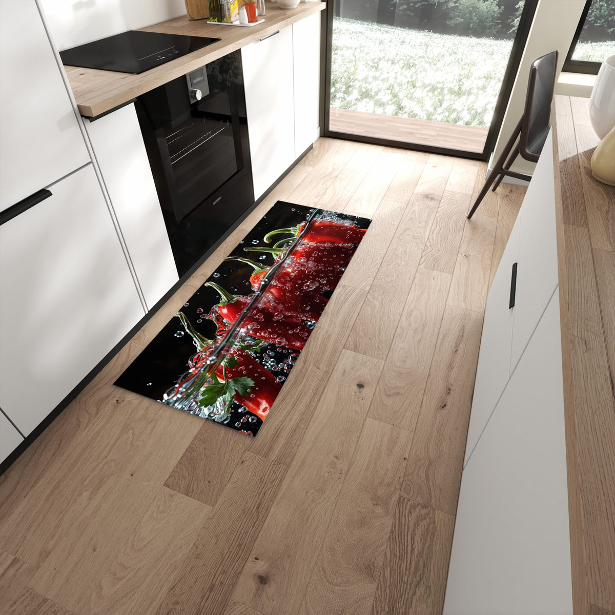 Langlebiger waschbarer Küchenteppich mit Motiv Paprika im Wasser in moderner Küche #grösse_60 x 150 cm