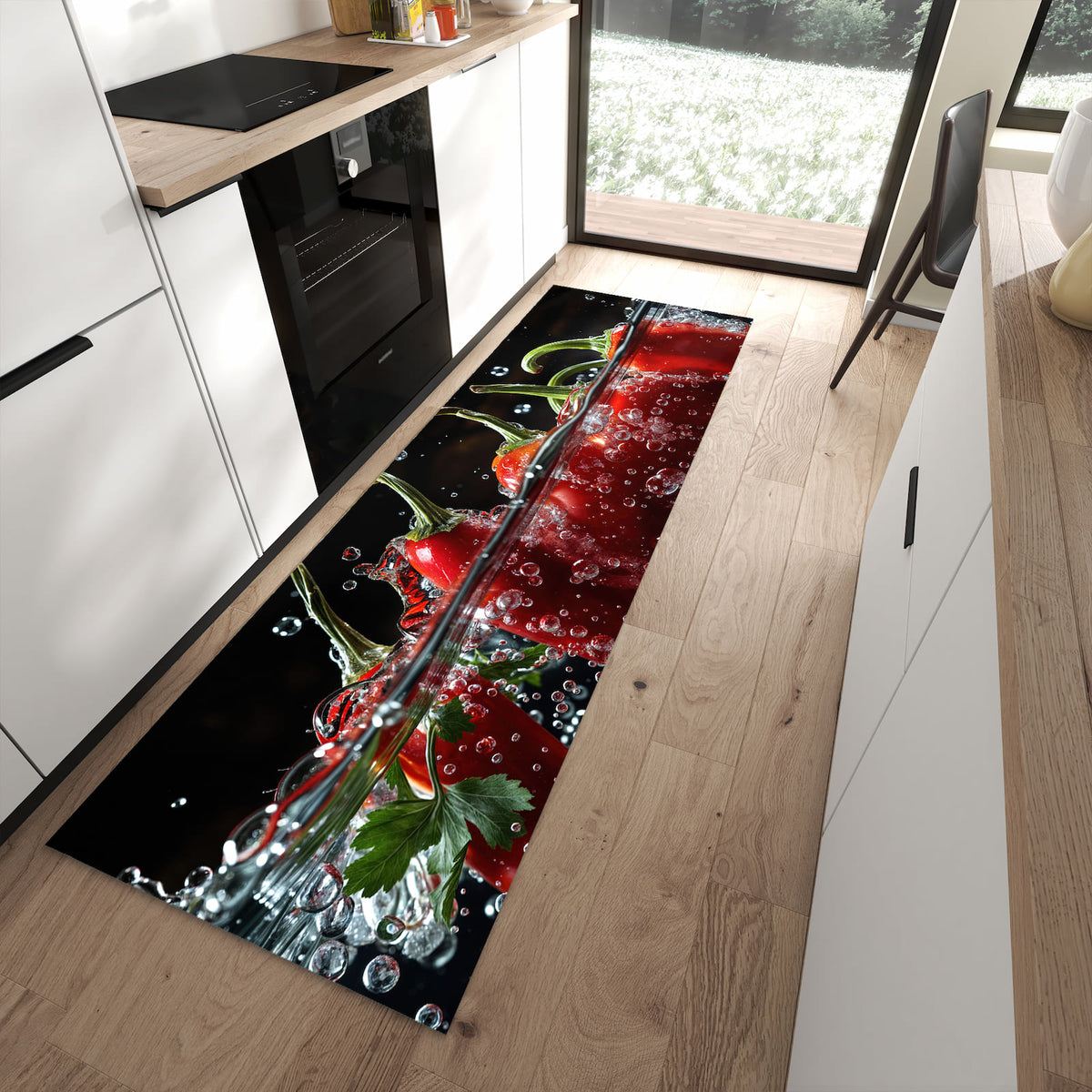 Formstabiler rutschfester Küchenläufer mit Motiv Paprika im Wasser in moderner Küche