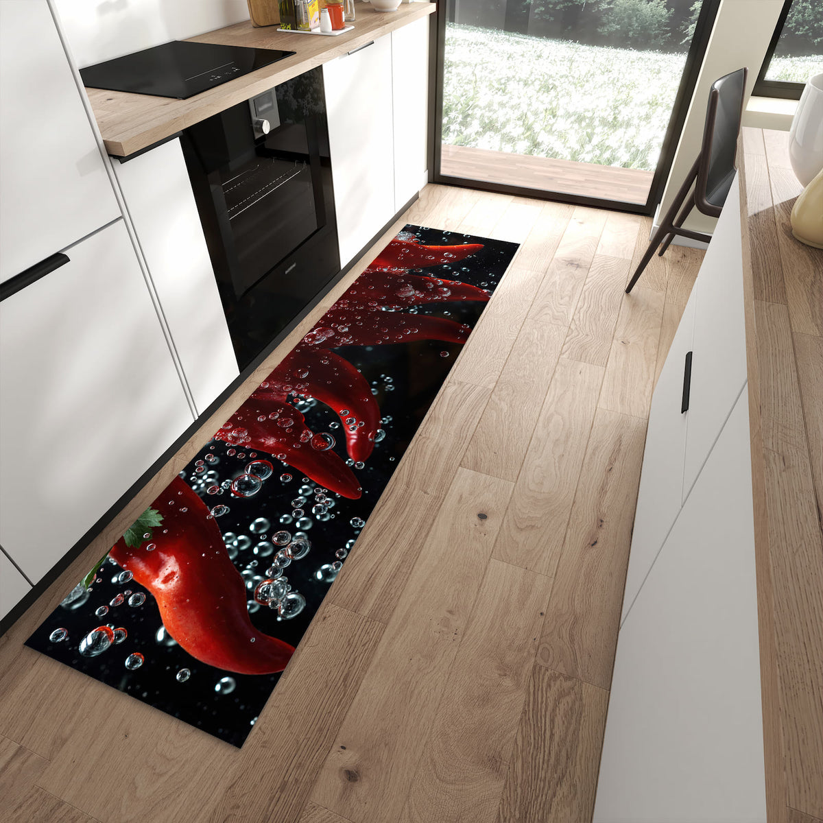 Feuchtigkeitsresistenter Küchenteppich mit Motiv Paprika im Wasser in moderner Küche